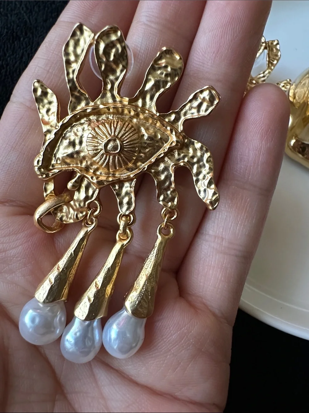 Gold Eye Motif Dangle Earrings with White Pearl Drops